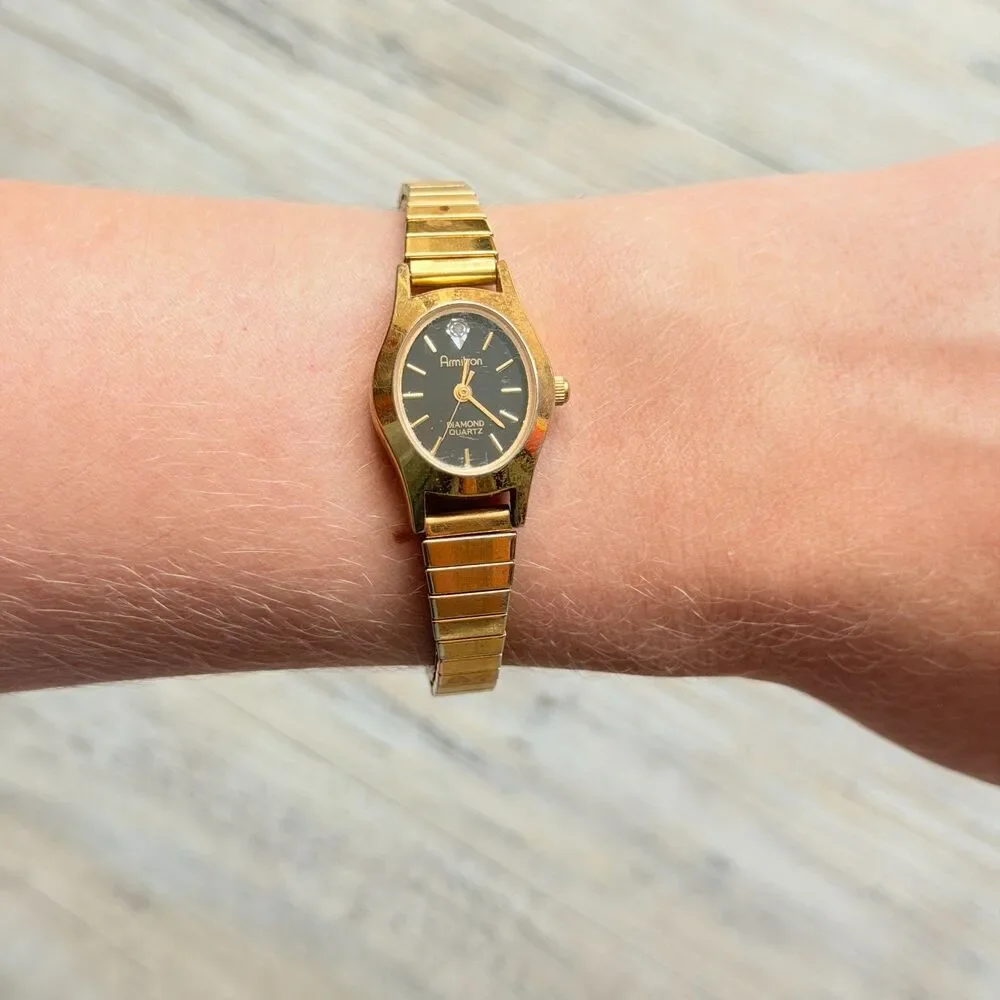 Vintage Armitron Diamond Quartz Gold Tone Watch Black Dial Dainty Working